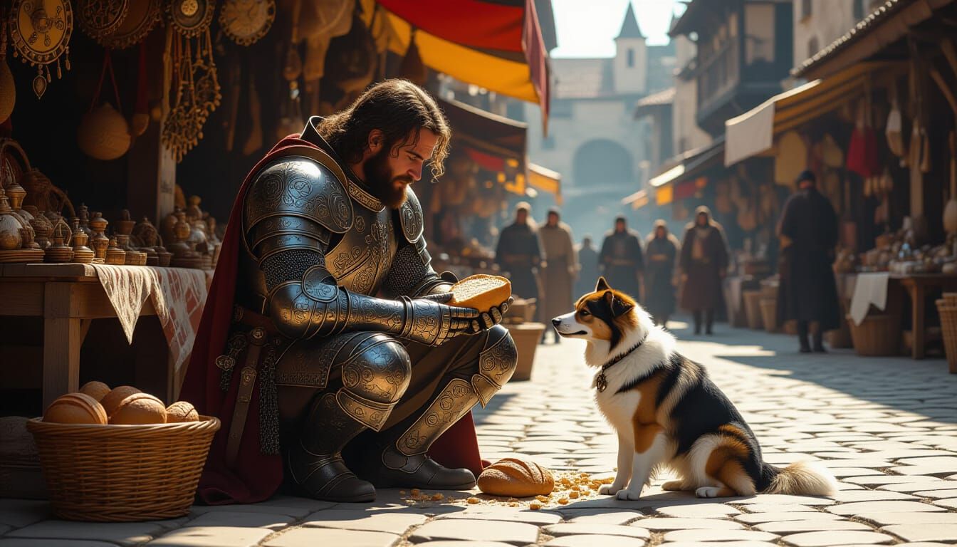 Knight Shares Bread With Dog in Medieval Marketplace