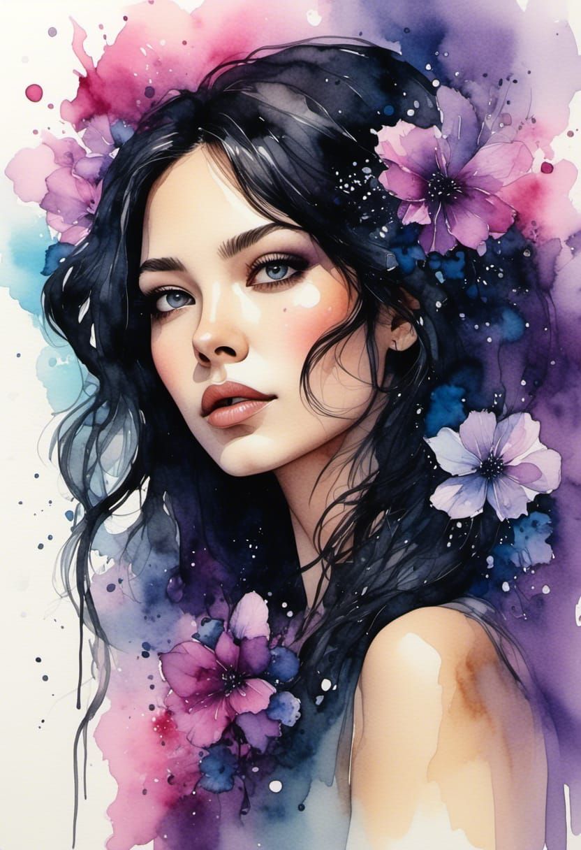 Watercolor Woman with Flowers and Fireflies