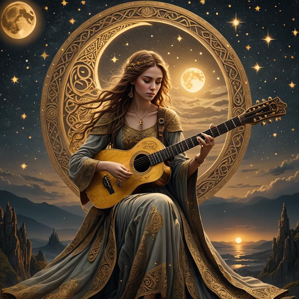 Beautiful girl playing the guitar under the moon and stars