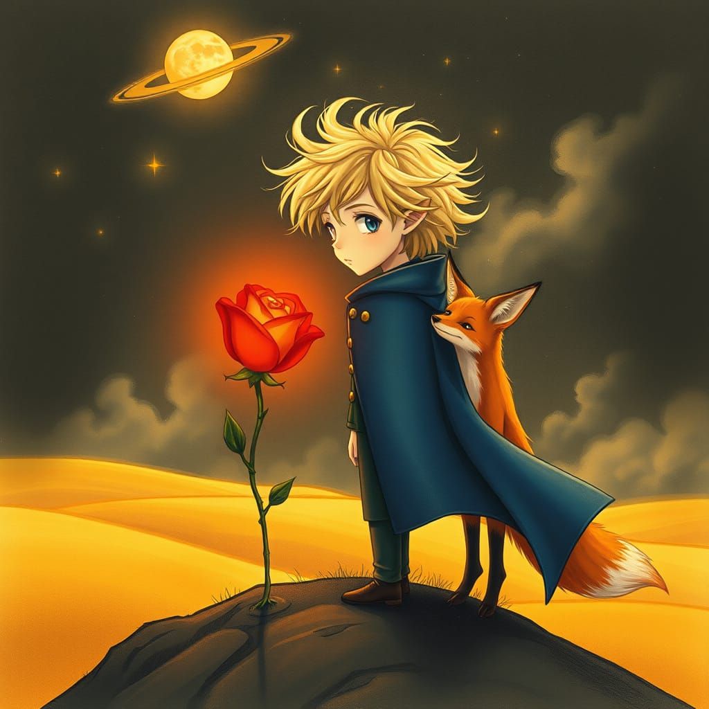 Little Prince in Whimsical, Dreamlike Landscape