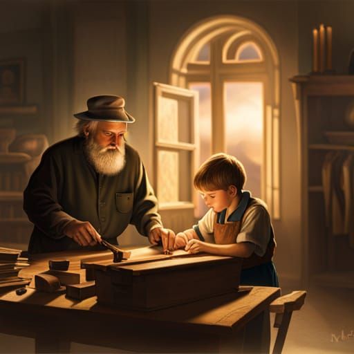 Carpenter Teaching Boy: Detailed Digital Matte Painting