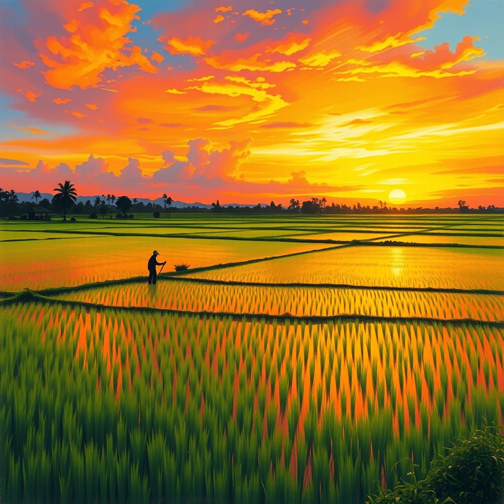 Indonesian Rice Paddy Sunset in Impressionist Style