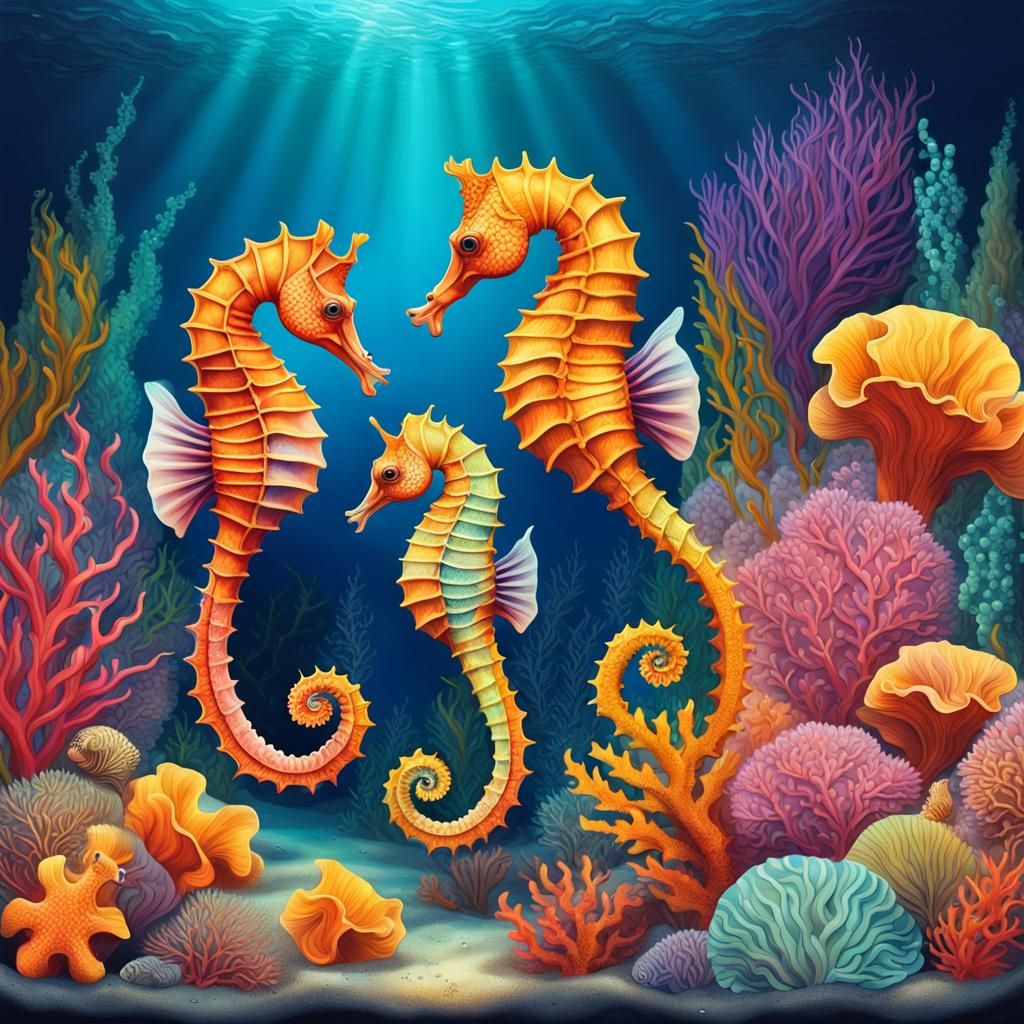 Vibrant Seahorses in a Realistic Deep Sea Reef
