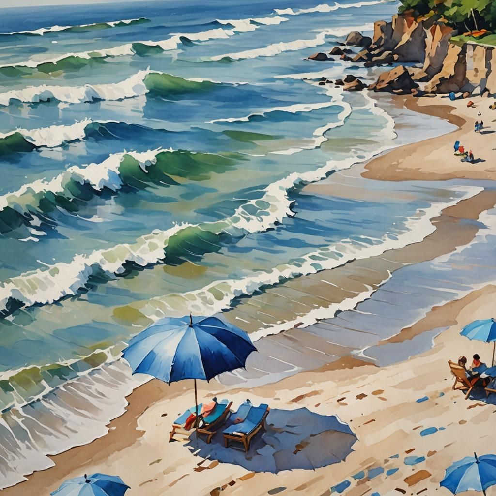 Blue Umbrella on Beach: Gouache Watercolor Impressionist Pai...