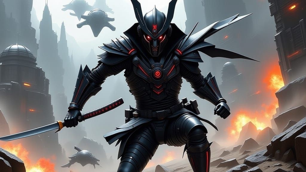 Sleek Sci-Fi Samurai Warrior in Futuristic Battle
