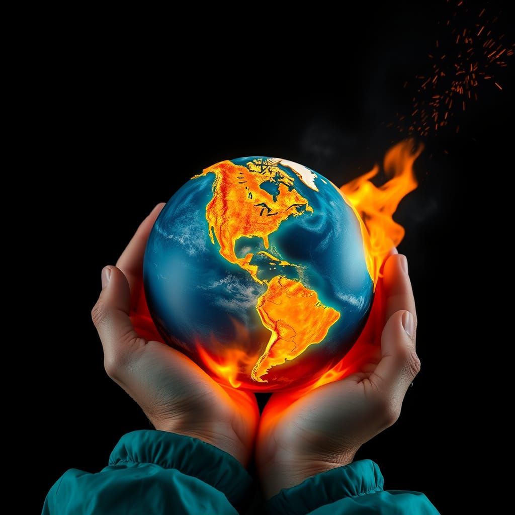 Human Hands Hold a Burning Earth Model in a Dramatic Photore...