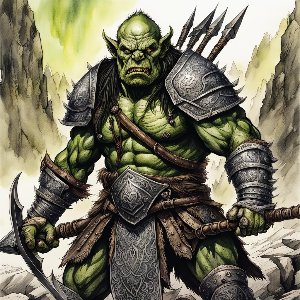 Detailed Orc Warrior on Battlefield in Pen and Ink