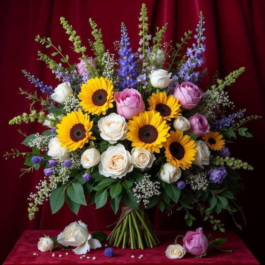 Romantic Floral Masterpiece in Rich Red Velvet