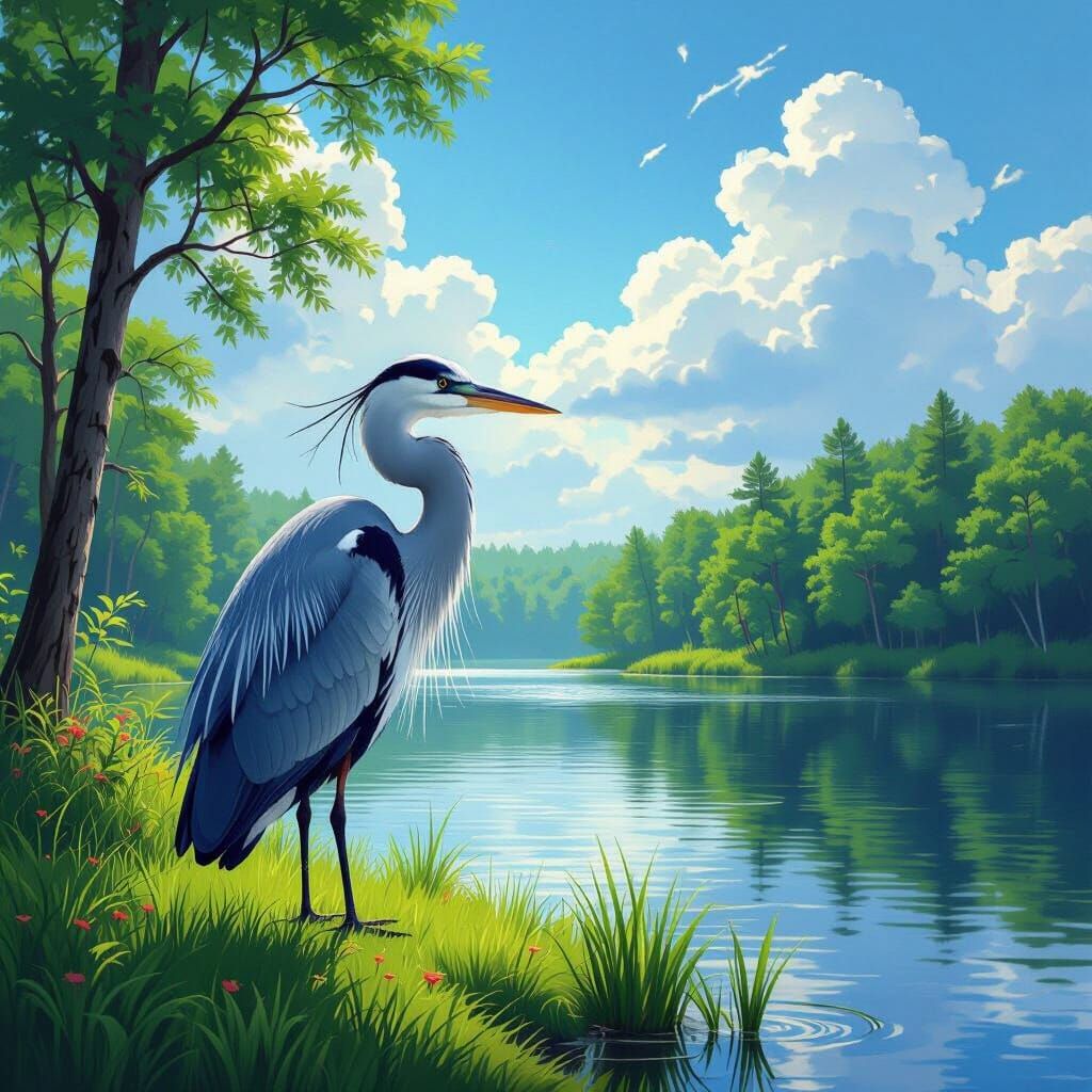 Grey Heron by Lake in Forest, Neo-Impressionist Style