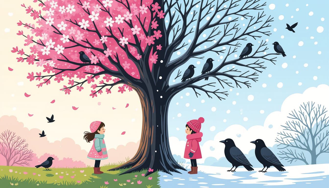 Contrasting Seasons Tree: Spring Meets Winter