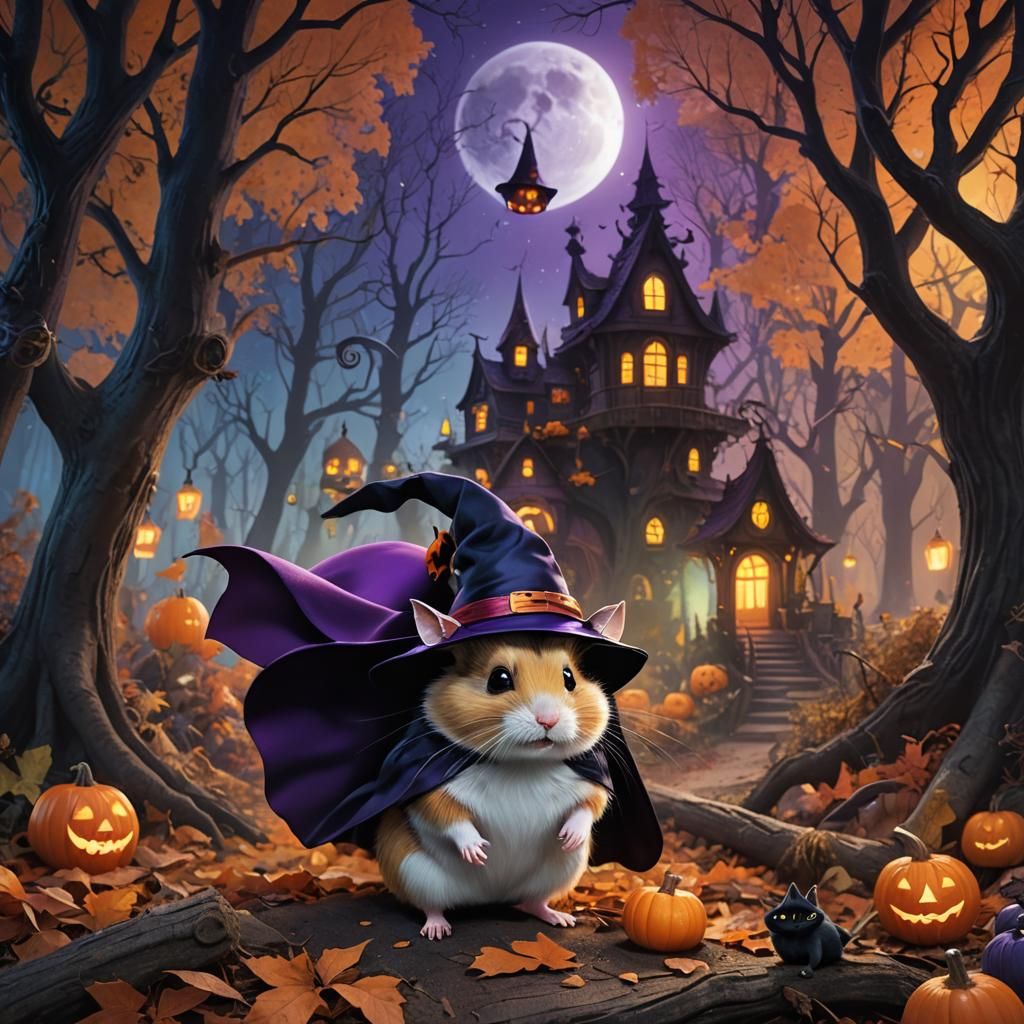 Hamster Witch Trick-or-Treating in Mystical Forest