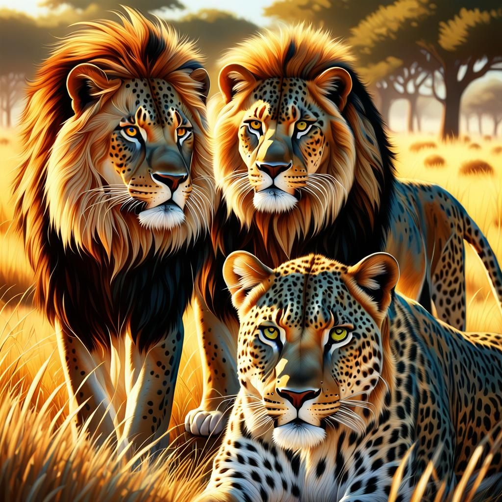 Lion and Leopard Wildlife Illustration in African Savannah