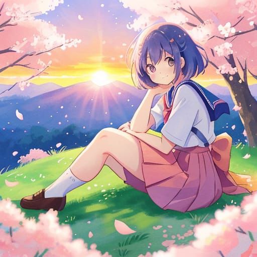 Moe Anime Girl in Vibrant Watercolor Sunset