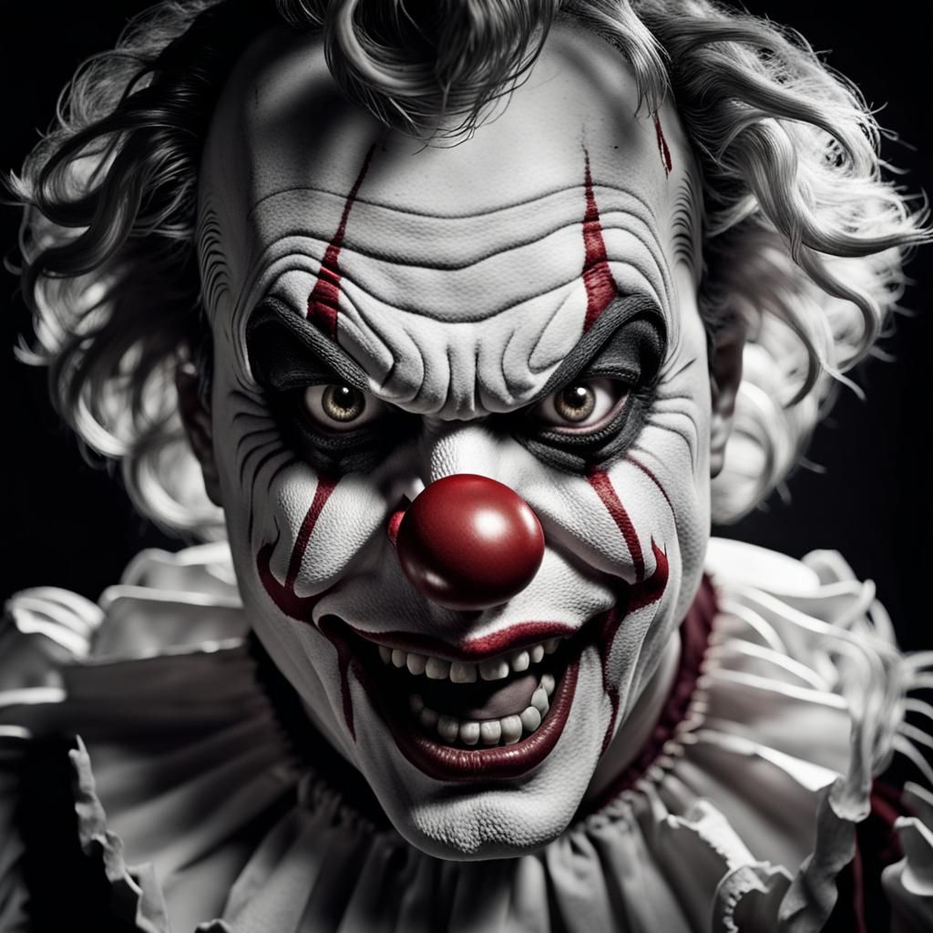 Menacing Horror Clown Portrait in Black and White