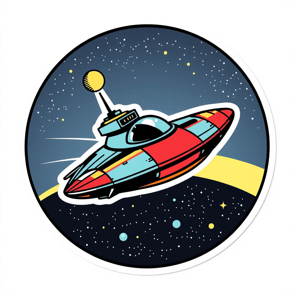 Retro Space Ship Comic Sticker Logo