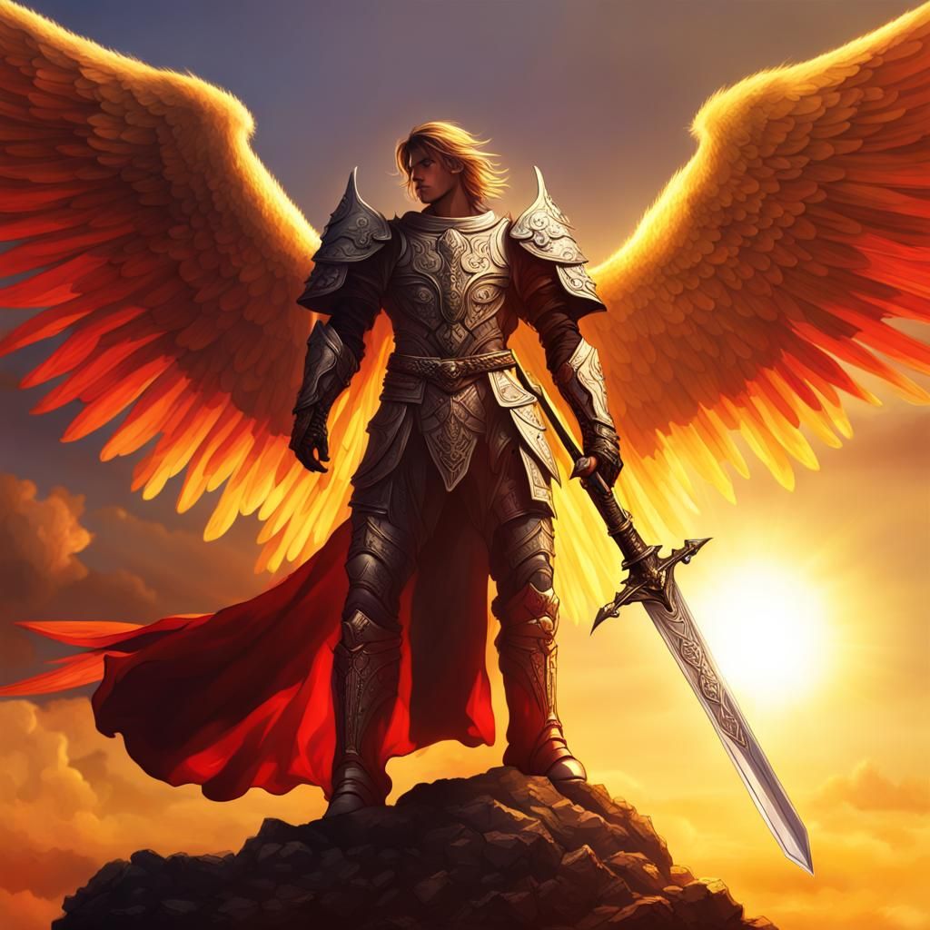 Armored Angel Ascending in Fiery Sky