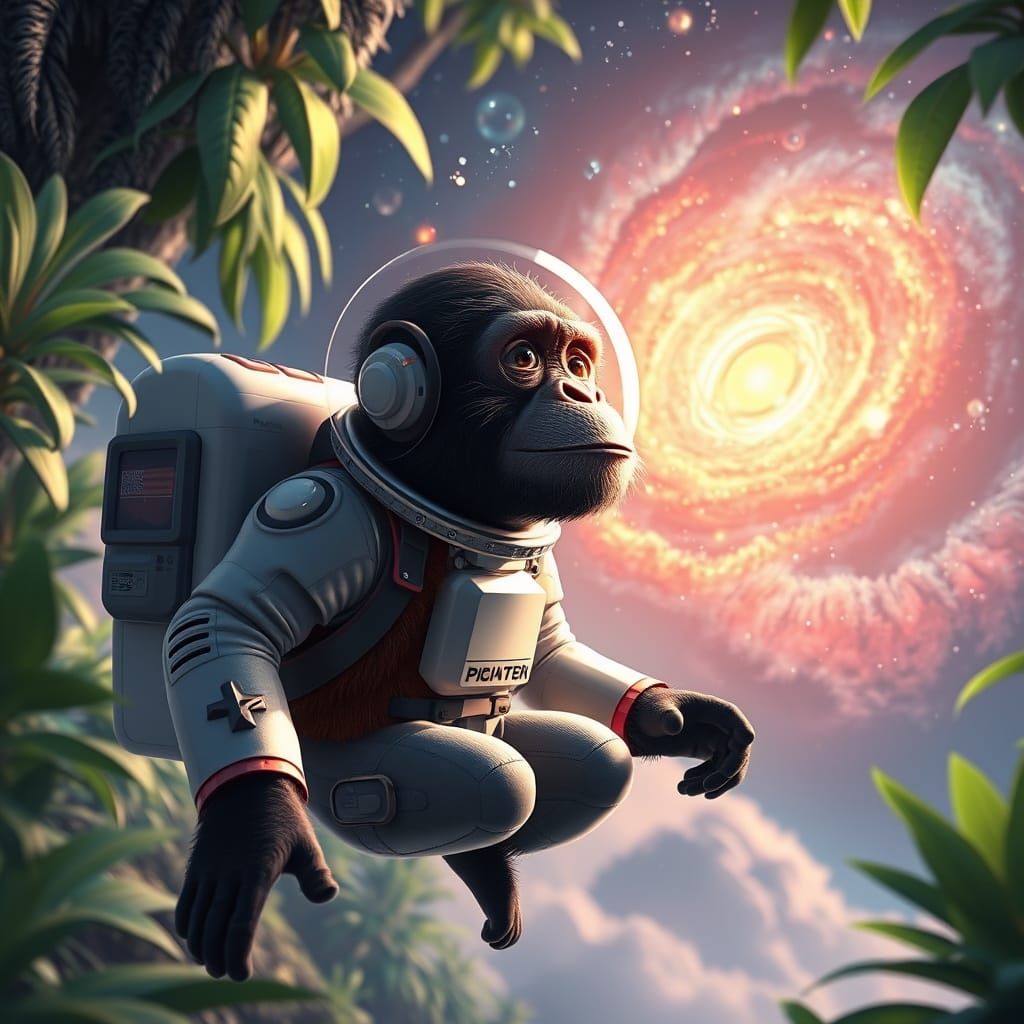 Chimpanzee Astronaut Contemplates Nebula in Pixar Style