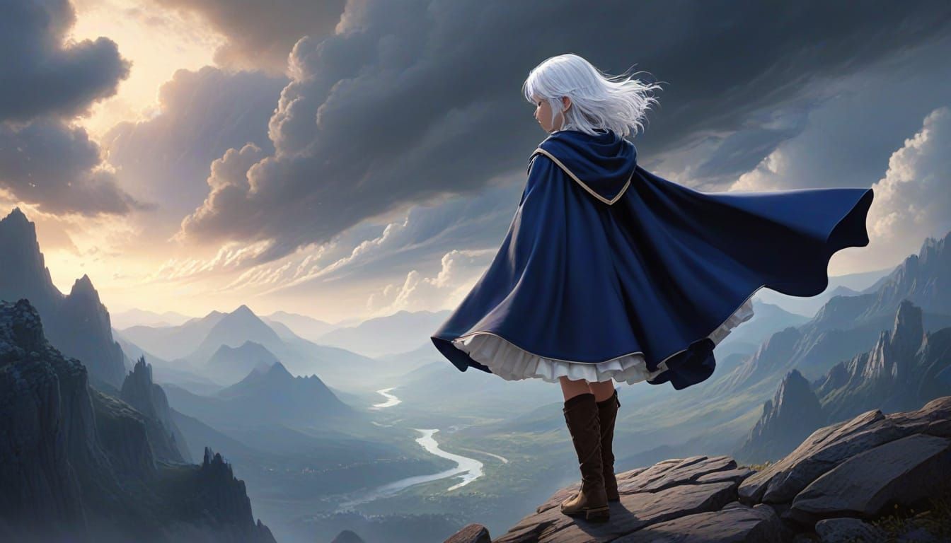 Girl Flying Through Cloudy Sky Towards Valley
