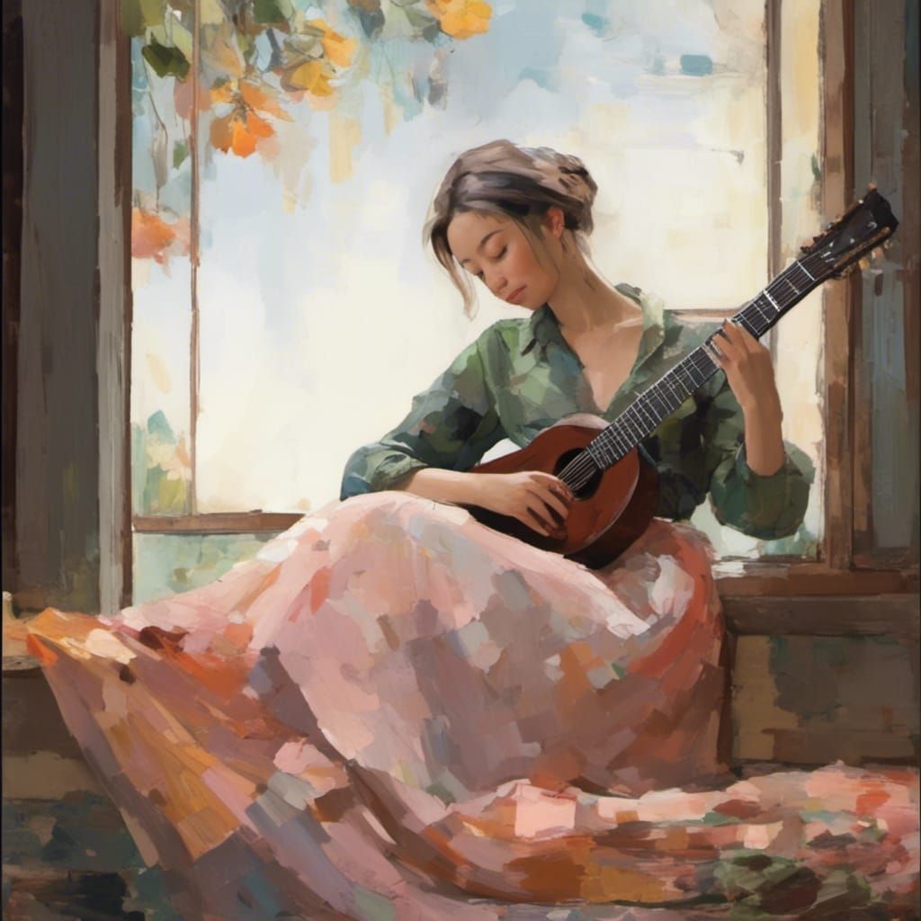 <lora:Adobe paint style:1.0> <lora:Pencillation:1.0> girl playing guitar