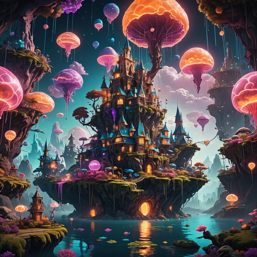 Surreal Dreamscape: Floating Islands and Neon Fantasy Art