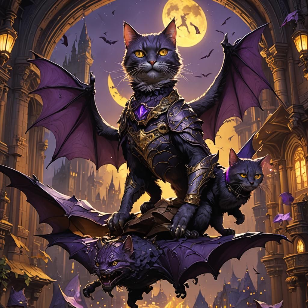 Cat Riding Bat in Dark Fantasy Art