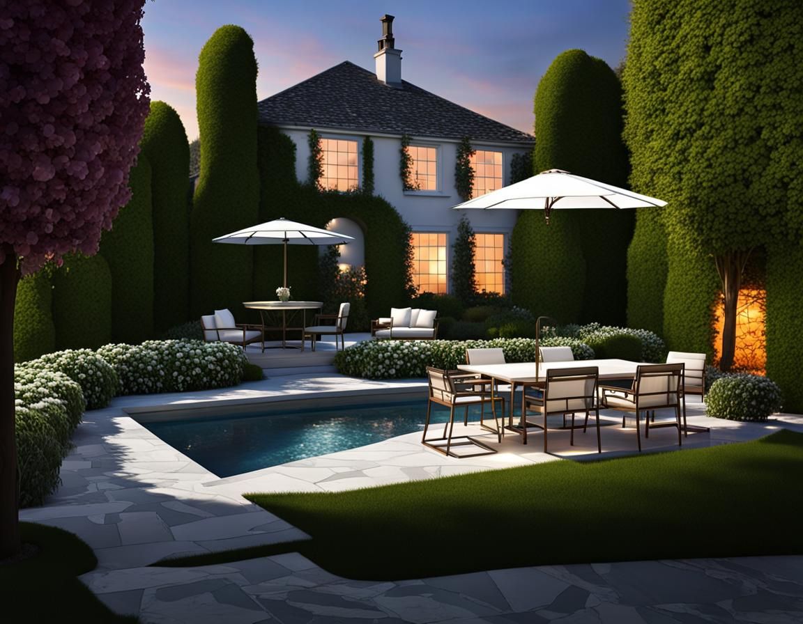 Realistic Garden Scene with Modern House at Night