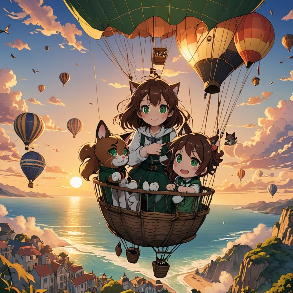 Girl and Cat in Hot Air Balloon at Sunset. Anime Style
