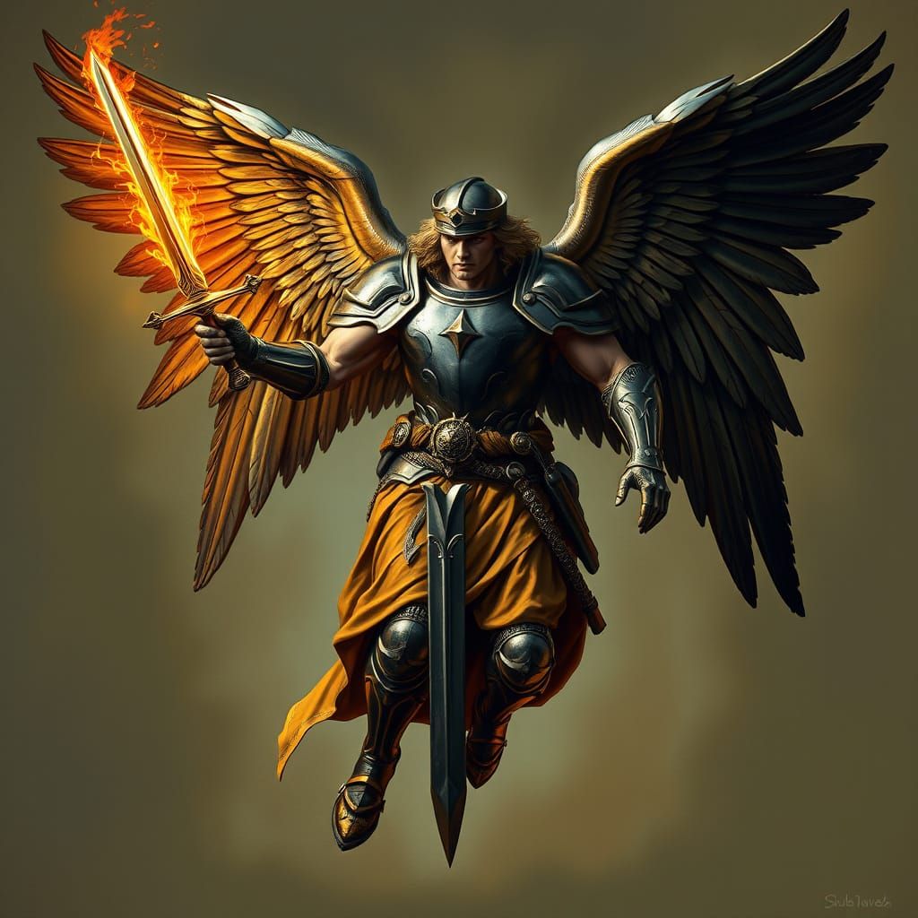 Angel Descends in Renaissance-Style Armor, Wings Glisten wit...