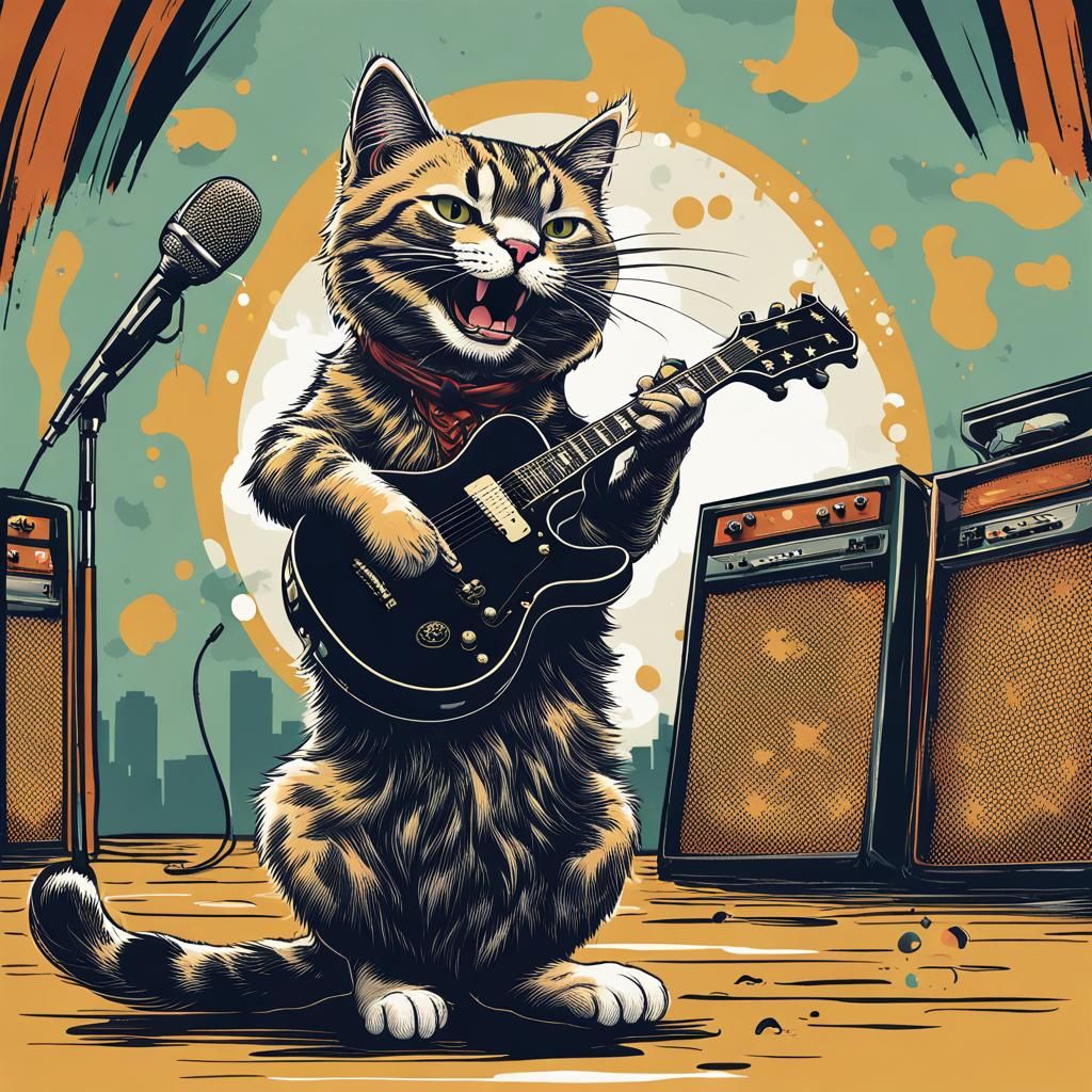 Rock and Roll Cat Roaring into Microphone