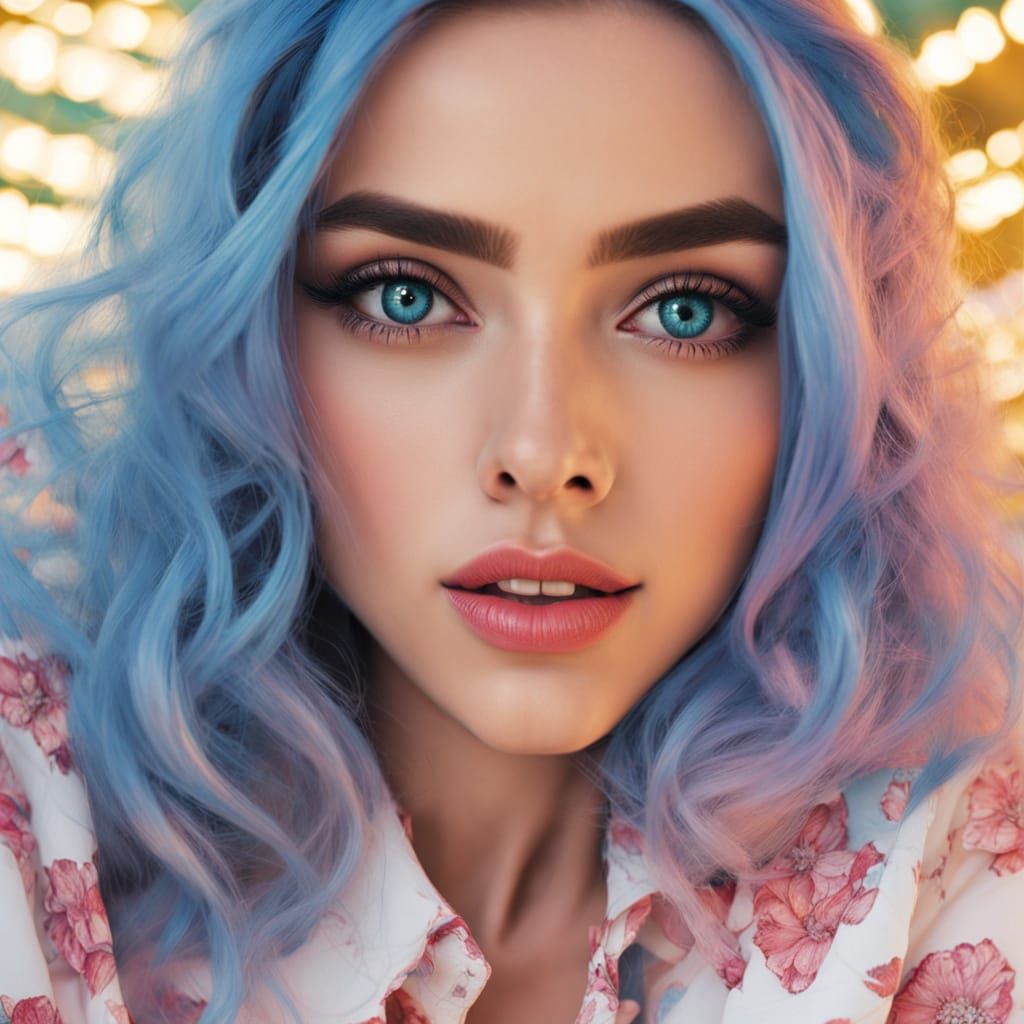 Vibrant Pop Art Portrait of a Young Woman with Blue Hair