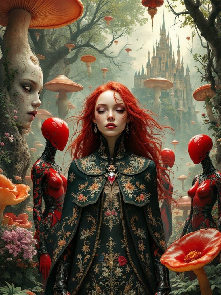 Biomechanical Goddess Amongst Surreal Mushrooms and Orbs