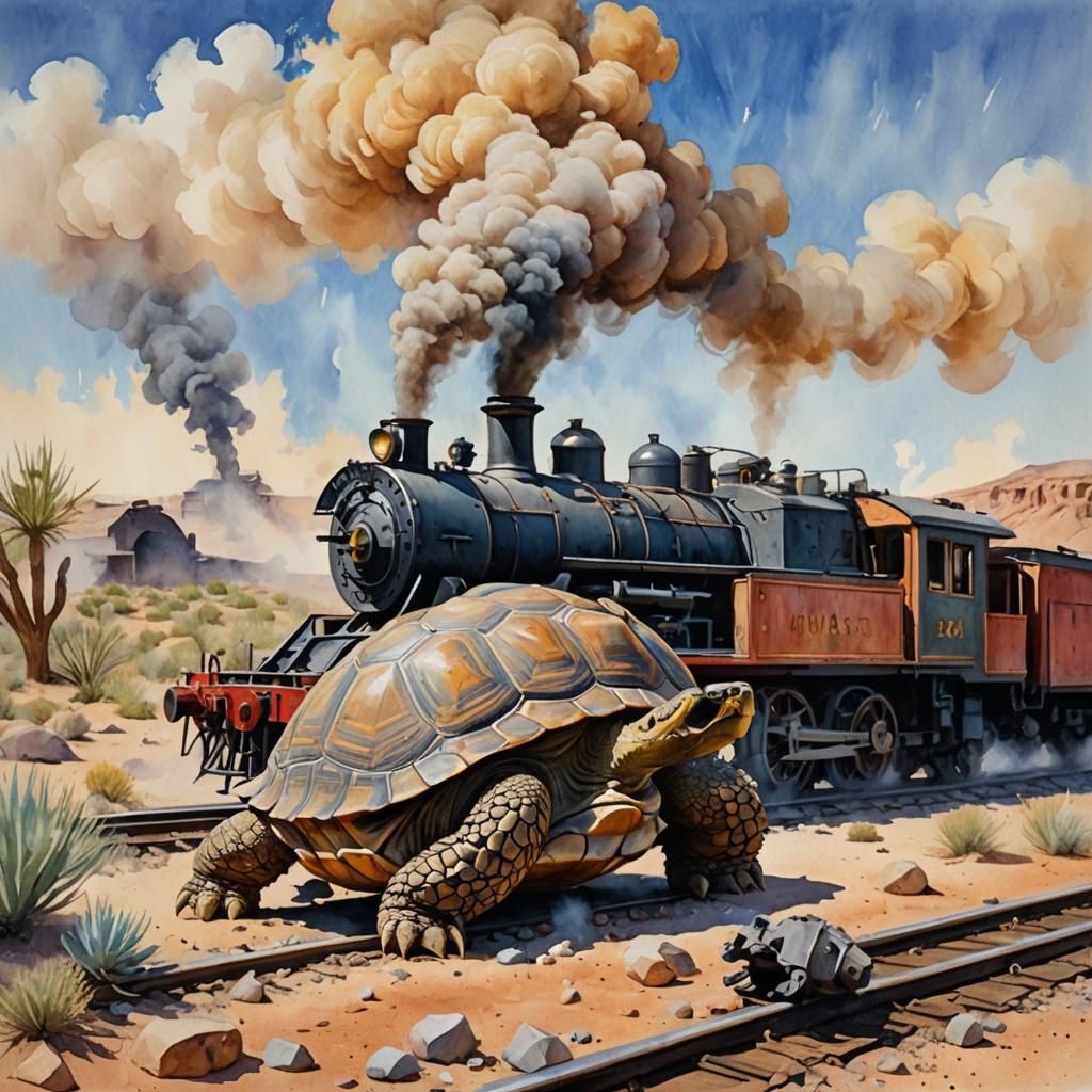 Desert Tortoise near Steam Locomotive in Gouache Style