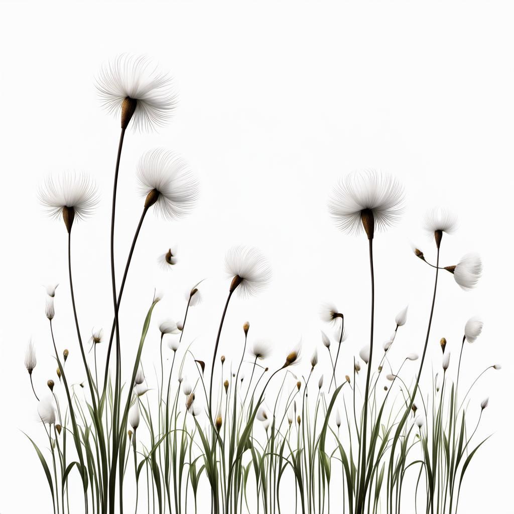 Surreal Cotton Grass Illustration on White