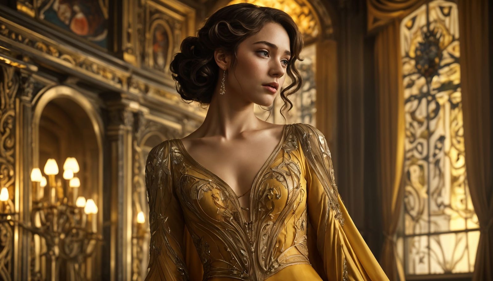 Woman in Yellow Ruffled Gown in Dramatic Setting
