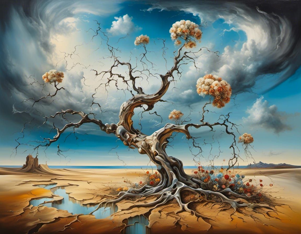 Surreal Desert Landscape with Bare Tree and Flower