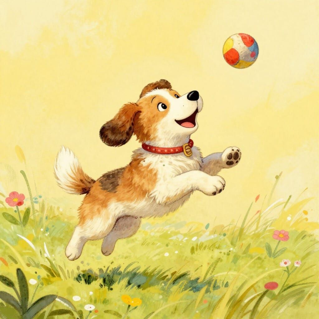 Happy Dog Leaping for Ball in Children's Book Style
