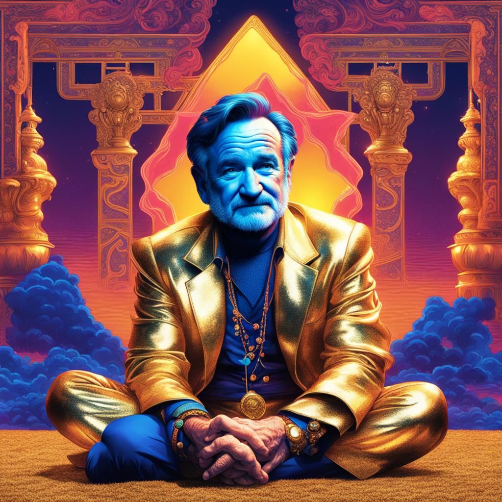 Blue Genie on Magic Carpet in Synthwave Style