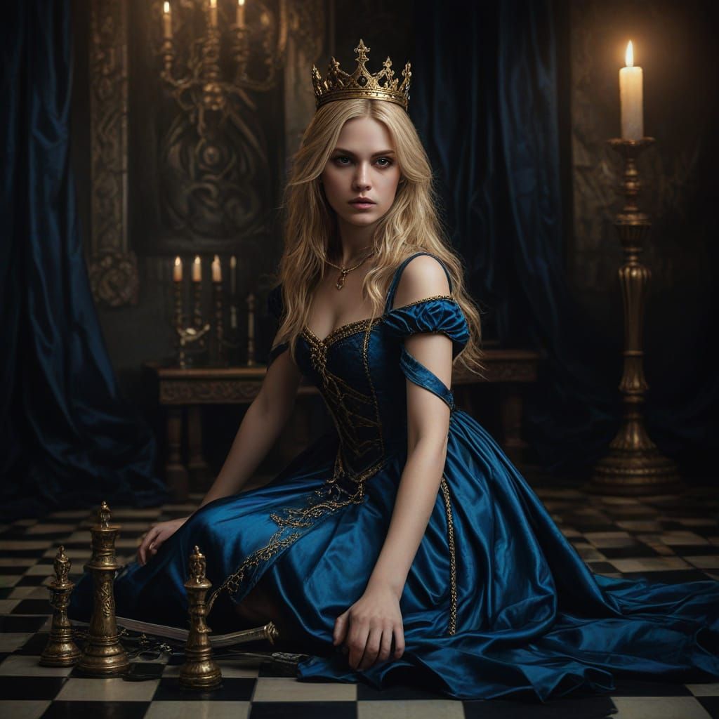 Blonde Princess on Chessboard in Dark Fantasy Art