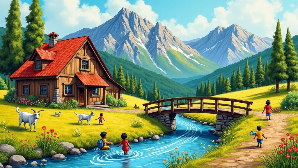 Farmhouse Scene in Crayon Style with Children Playing