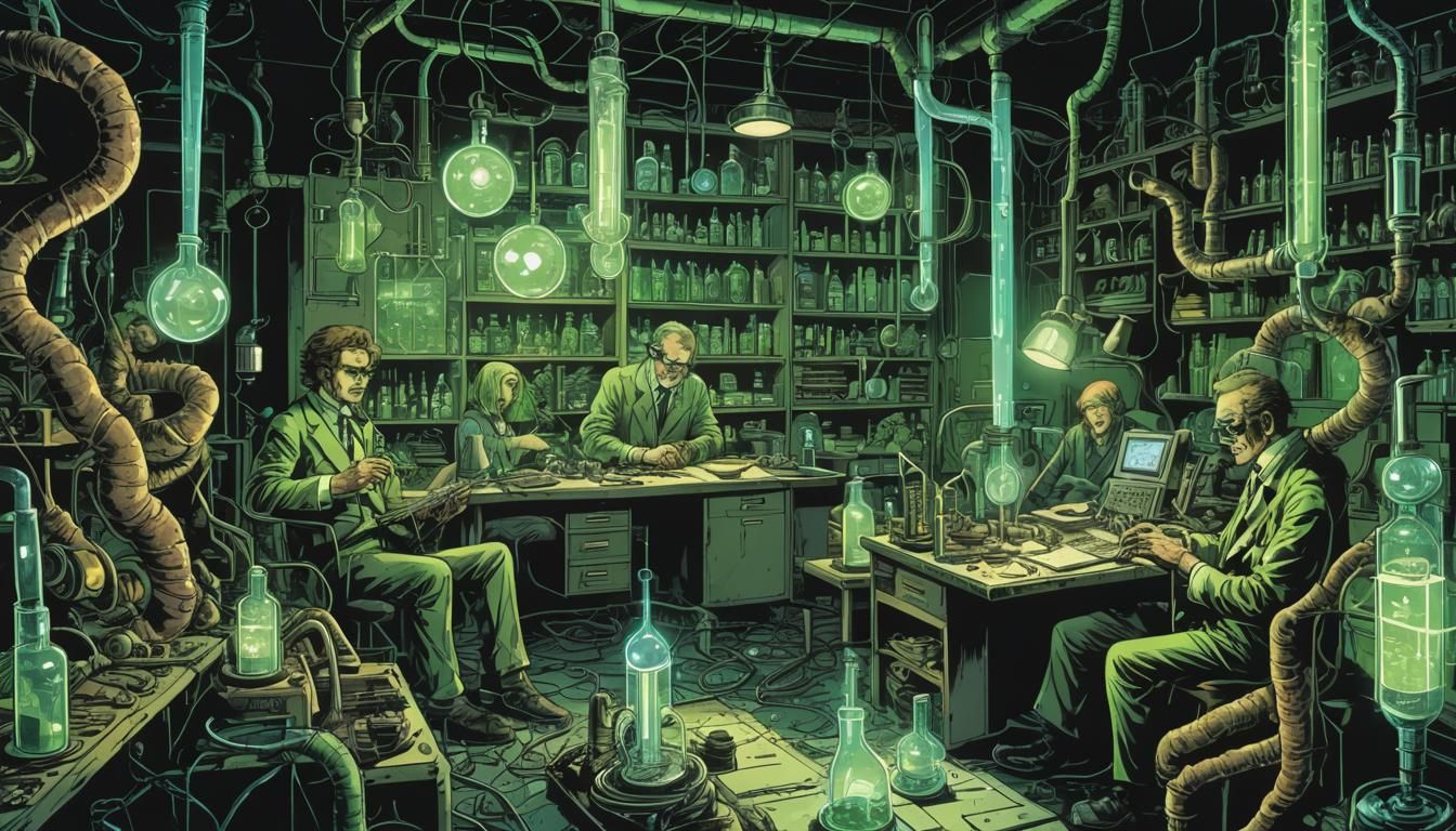 Eerie Lab Transformation in Polish Comic Art Style