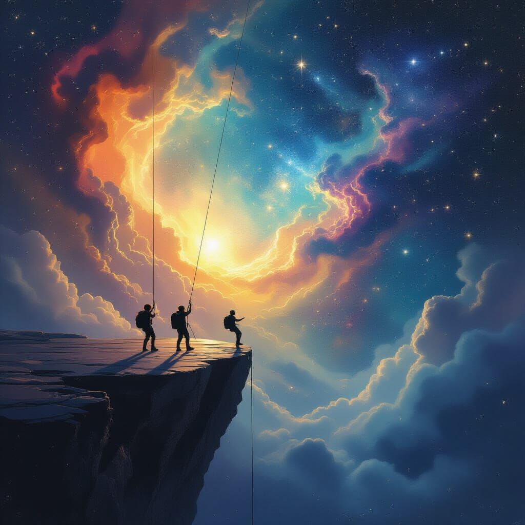 Surrealist Scene of Abseiling Off Flat Earth Edge