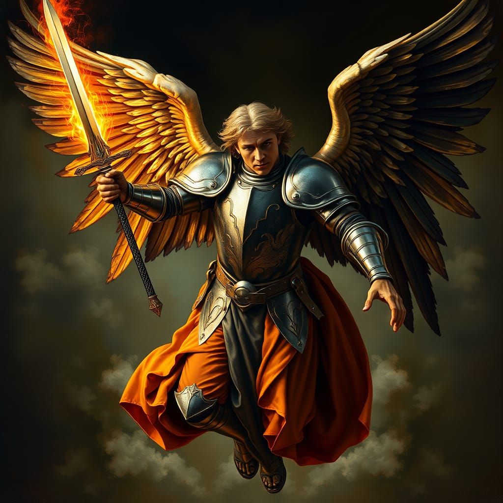 Renaissance Angel Descending with Flaming Sword