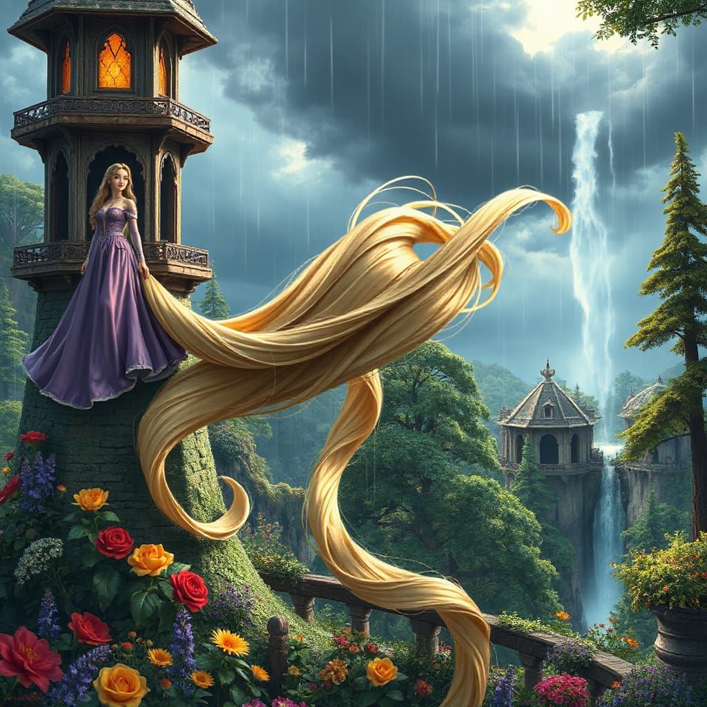 Rapunzel in Tower Waves Hair in Mystic Garden