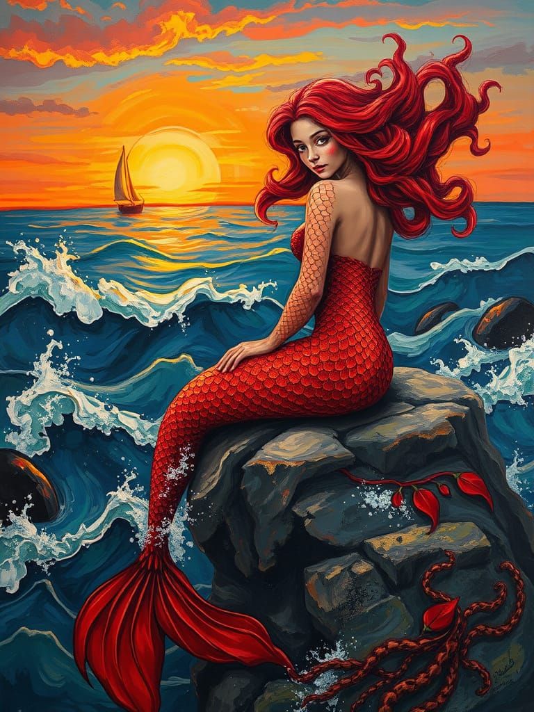 Fire Mermaid in Neo-Expressionist Impasto Style