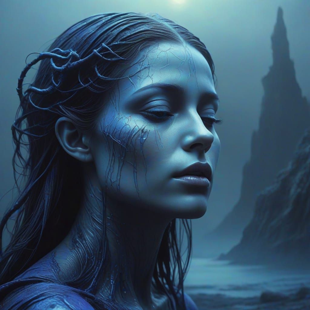 Surreal Oil Painting of a Haunting Mountain Goddess