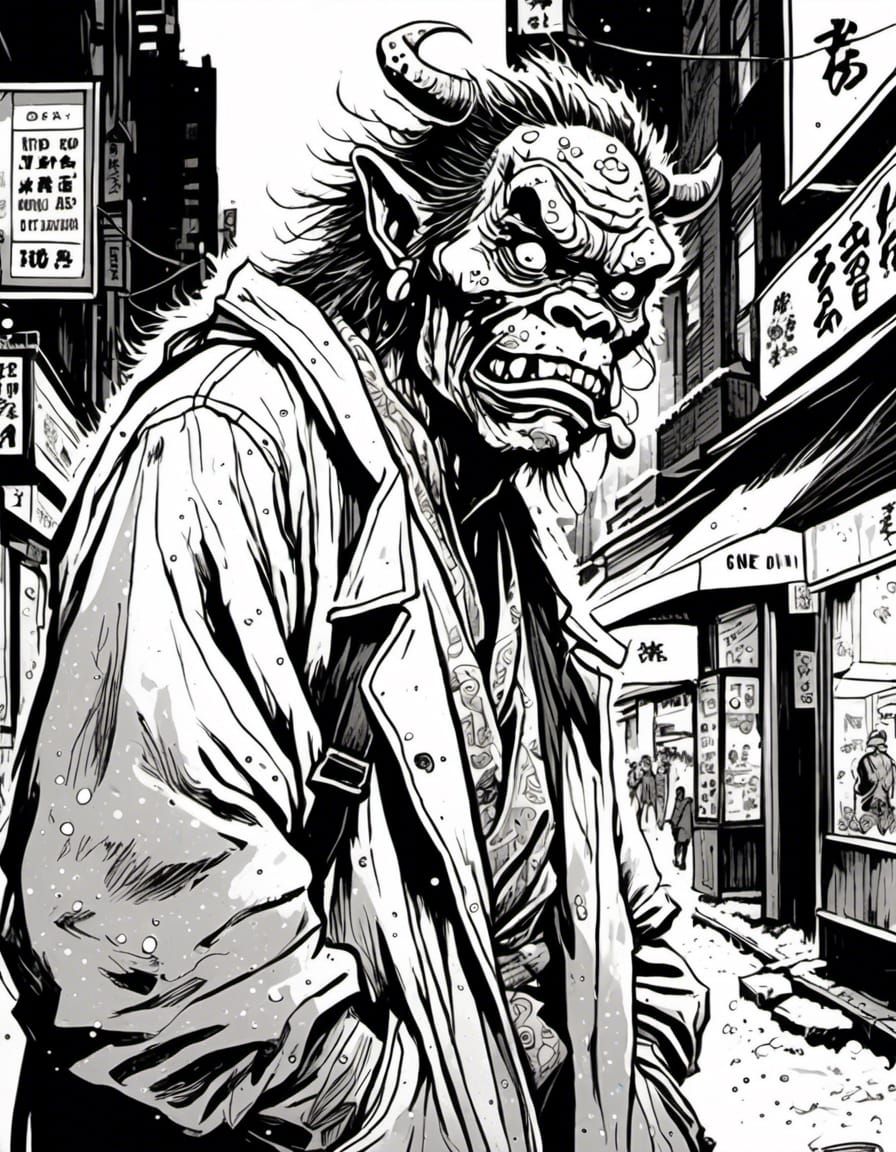 Eerie Oni Portrait in Pen and Ink Style