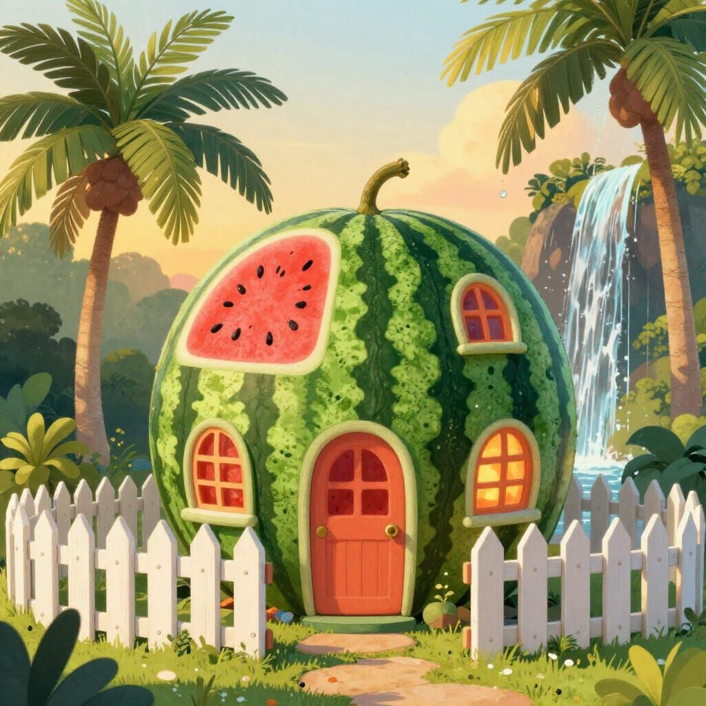 Whimsical Watermelon House in Golden Hour Storybook Style
