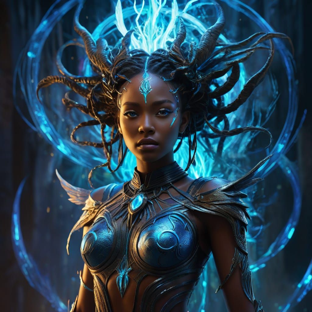 Angelic Spirit with Blue Eldritch Symbols and Light Tendrils