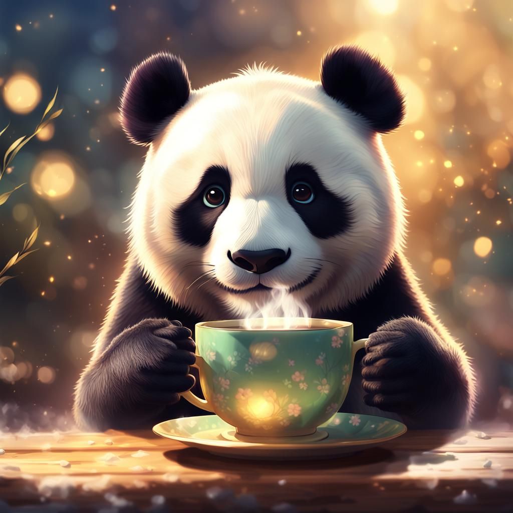 Charming Panda Enjoying Tea in Whimsical Anime Style