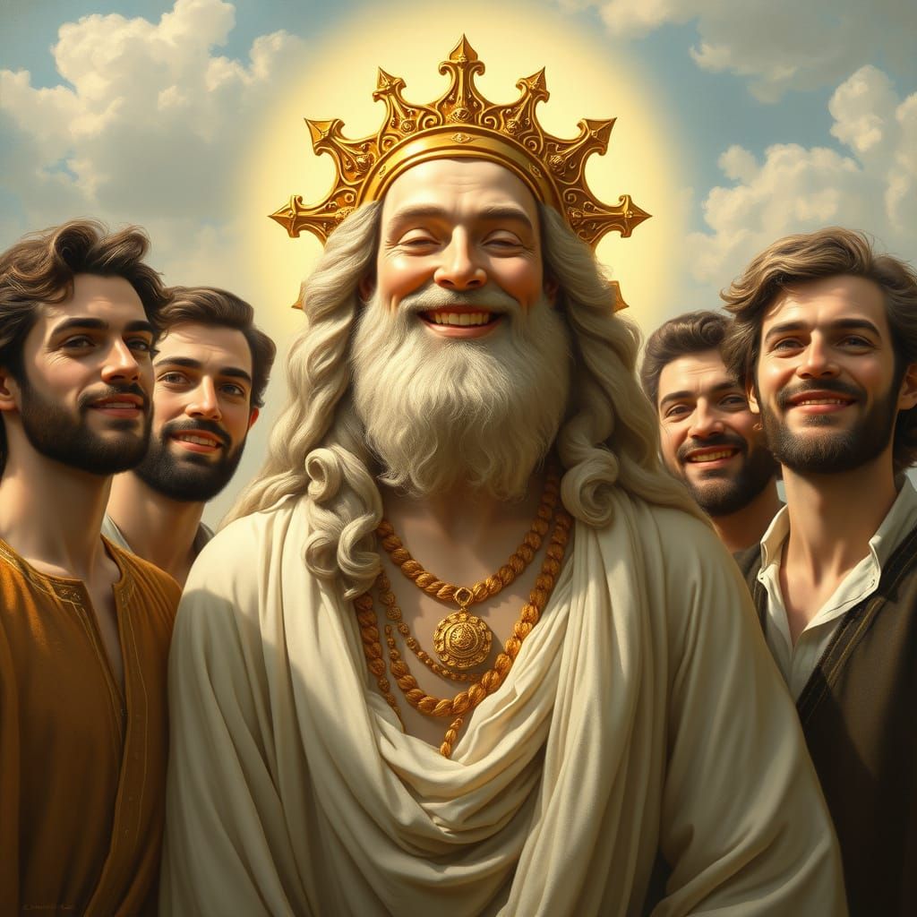 Benevolent God Surrounded by Joyful Men in Elegant Attire
